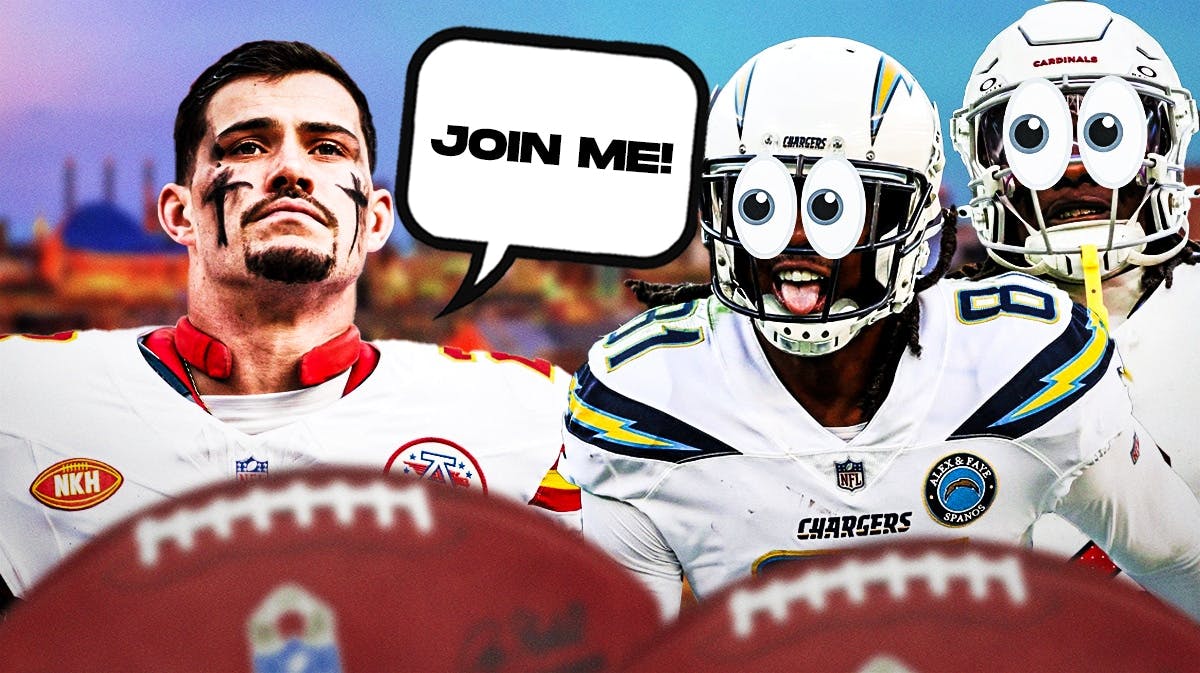 Drue Tranquill on one side with a speech bubble that says “Join me!” Mike Williams and Marquise Brown on the other side with the big eyes emoji over their faces. Chiefs free agency