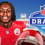 Xavier Worthy wearing a Chiefs jersey next to the 2024 NFL Draft logo in front of Arrowhead Stadium