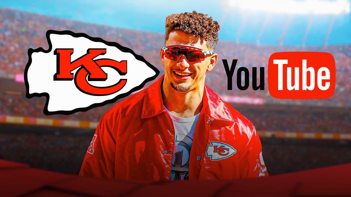 Kansas City Chiefs star Patrick Mahomes stands next to YouTube logo after mall prank
