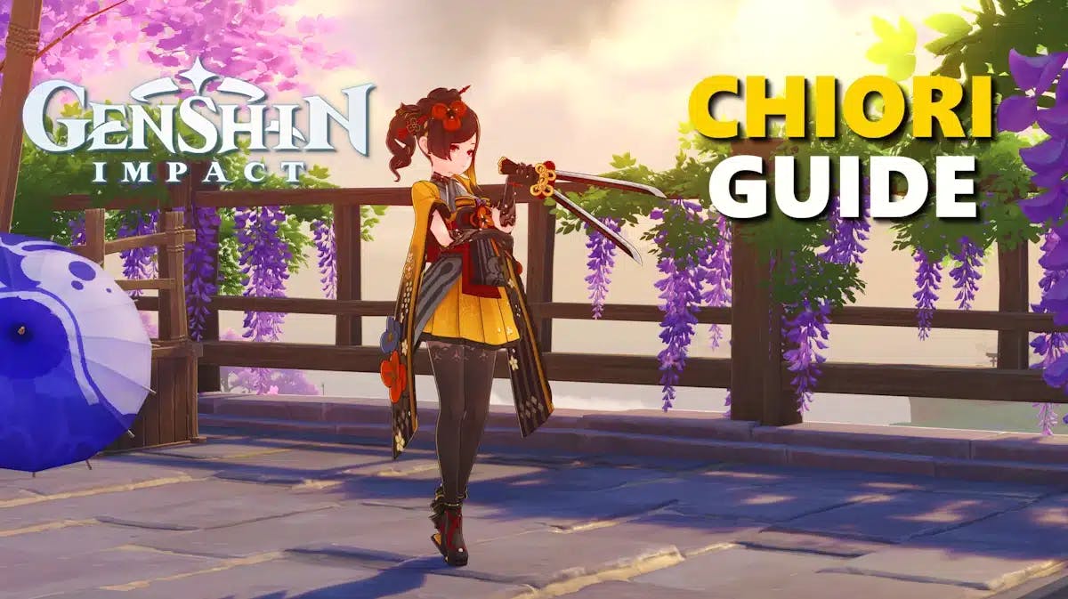 chiori build, chiori genshin impact, chiori, chiori weapon, chiori artifacts, an in-game screenshot of chiori with the genshin impact logo on one corner and the words chiori guide in the other