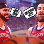 Jonas Valanciunas with word bubble that says, “You playing later?” and Larry Nance Jr. with word bubbles that says “I don’t know”