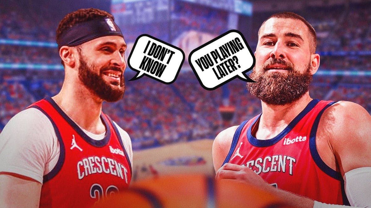 Jonas Valanciunas with word bubble that says, “You playing later?” and Larry Nance Jr. with word bubbles that says “I don’t know”