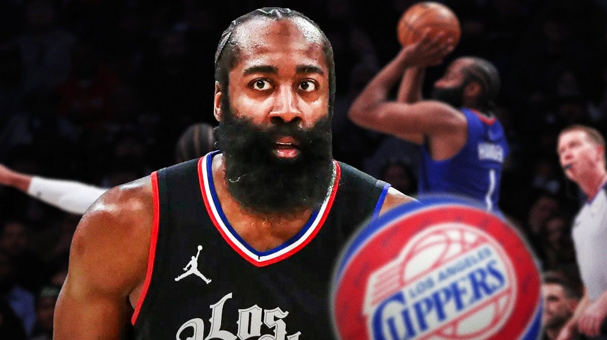 Clippers' James Harden looking serious in front. In background, Clippers' James Harden shooting a basketball.