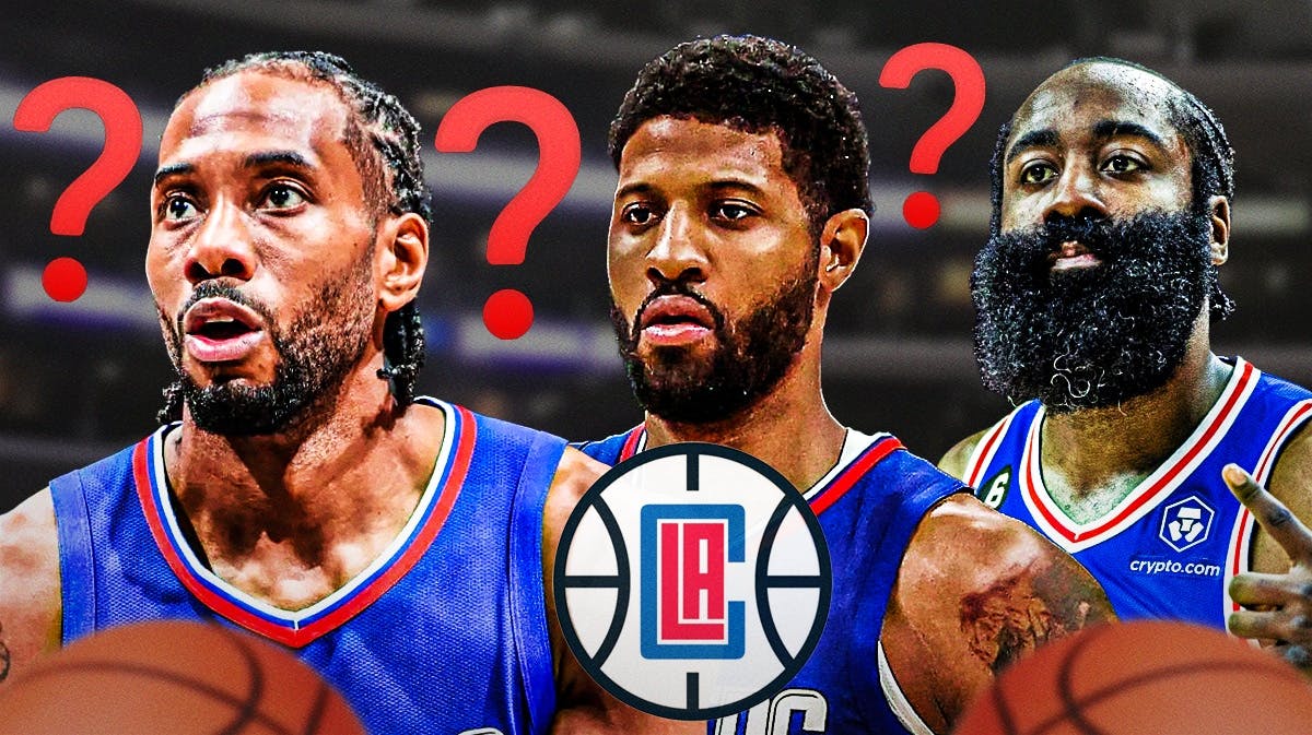 Kawhi Leonard, Paul George, James Harden with the Clippers logo and question mark emojis