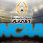 NCAA logo stands beside college football playoff logo while Notre Dame watches in background, FBS members stand on sideline