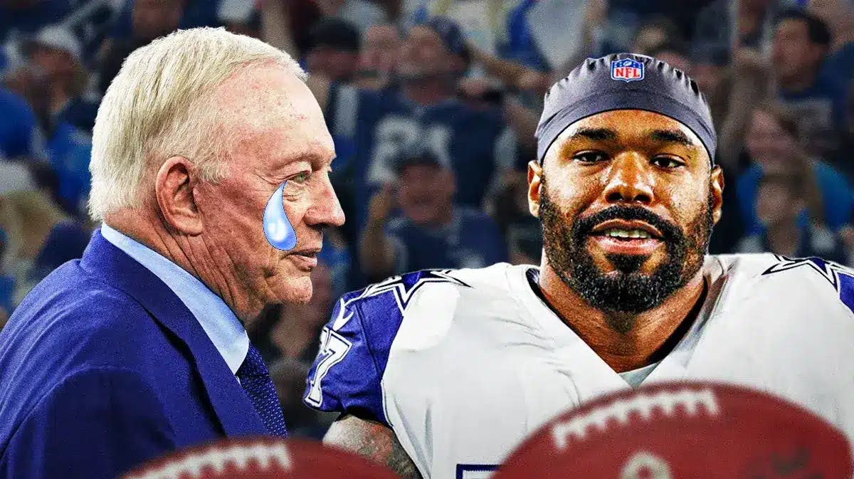 Cowboys owner Jerry Jones with a tear on his face looking at Cowboys Tyron Smith who is now a free agent.