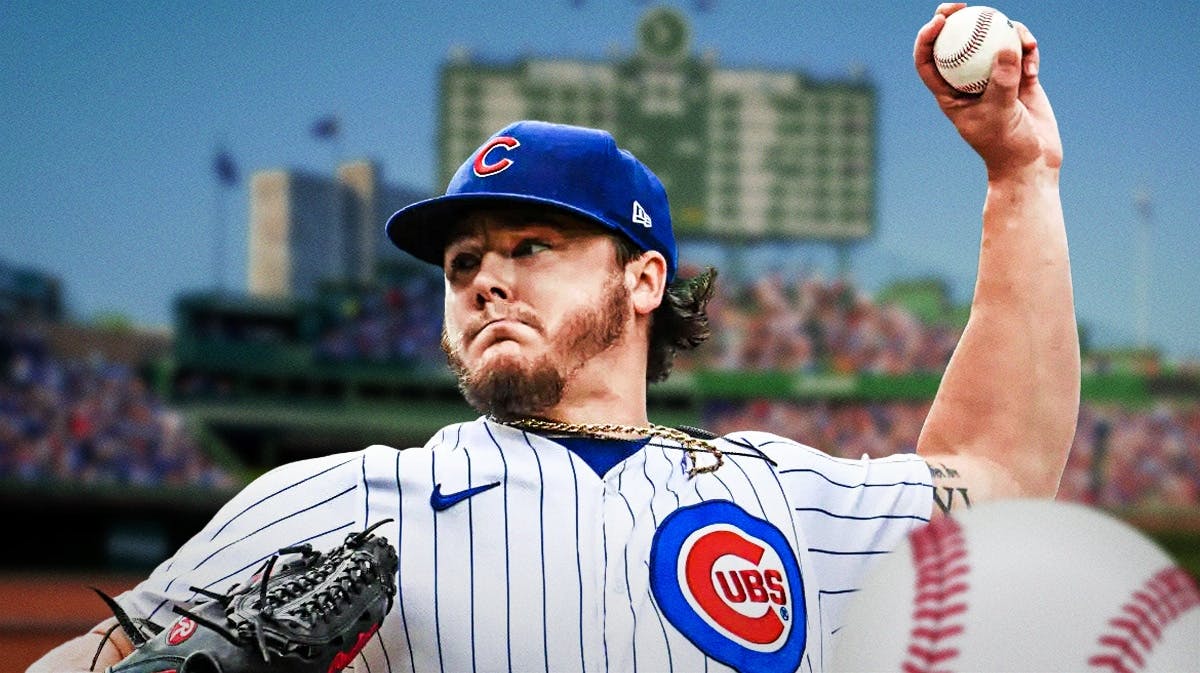 Cubs' Justin Steele pitching a baseball at Wrigley Field.