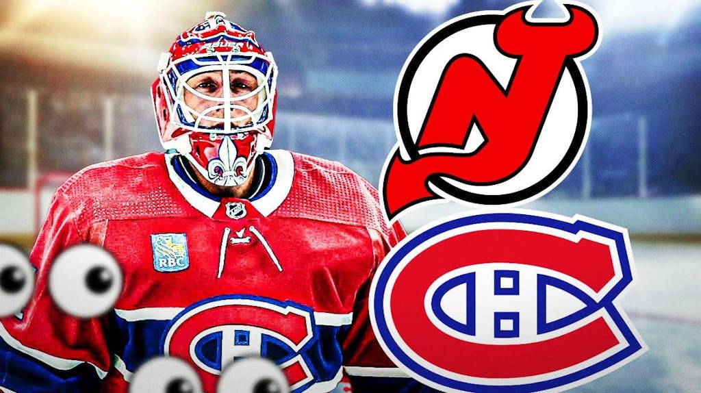 Jake Allen looking thoughtful, Devils and Canadiens logo, hockey rink in background