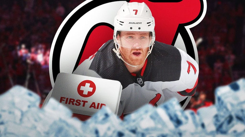 Dougie Hamilton in image looking stern, first aid kit, NJ Devils logo, hockey rink in background