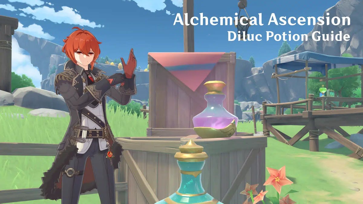 diluc potion guide, diluc potion, alchemical ascension, alchemical ascension guide, genshin impact, a screenshot of diluc with the words alchemical ascension diluc potion guide in one corner