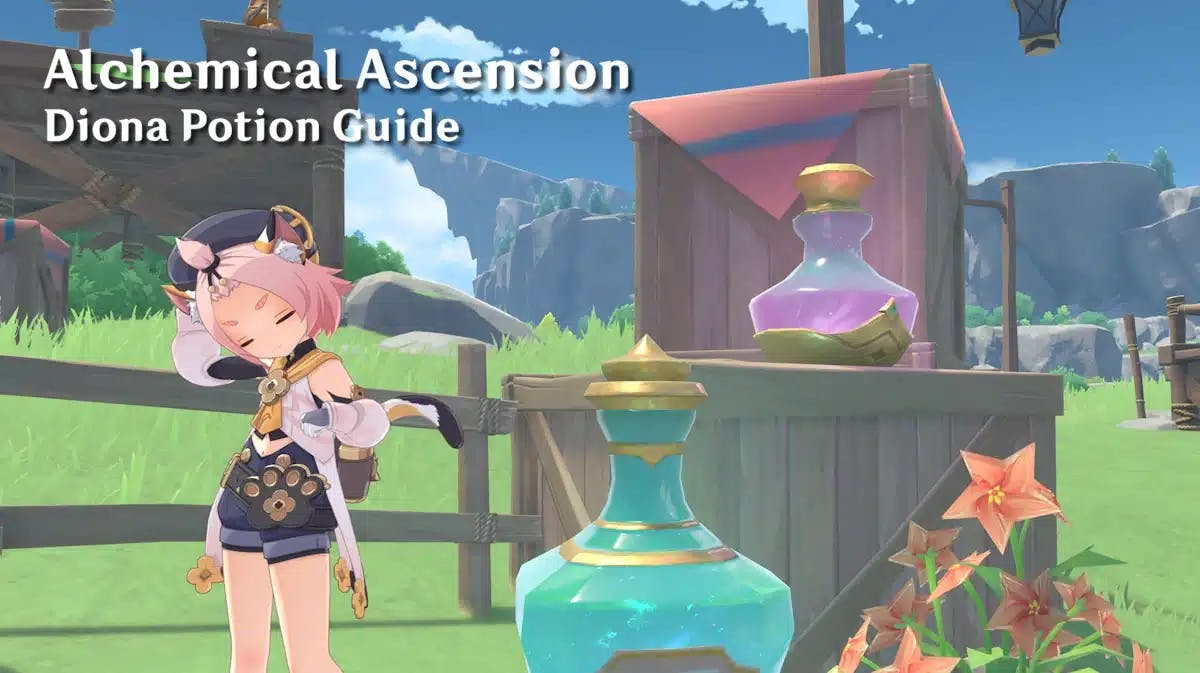 diona potion guide, diona potion, alchemical ascension, alchemical ascension guide, genshin impact, a screenshot of diona with the words alchemical ascension diona potion guide in one corner