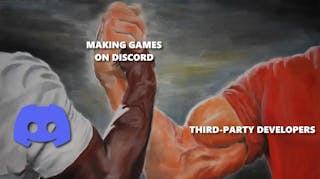 discord games, discord third-party, discord games developers, discord, discord embedded app sdk, the epic handshake meme with the discord logo on one side third-party developers in the other and making games on discord at the handshake