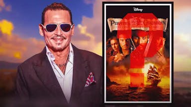 Johnny Depp on one side; Pirates of the Caribbean poster with a big red question mark