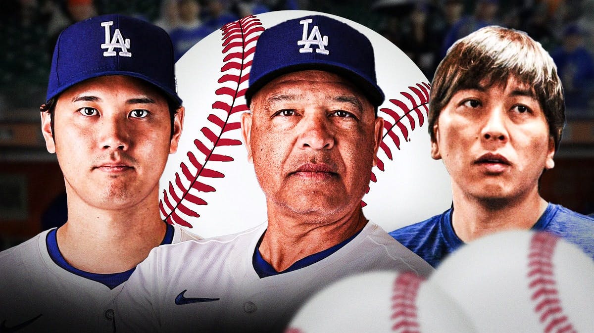 Dodgers' Dave Roberts looking serious in front. On left, need Dodgers' Shohei Ohtani looking serious. On right, need Ippei Mizuhara looking serious.
