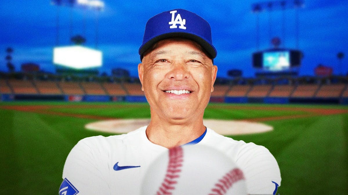 Dodgers' Dave Roberts smiling in front. Dodger Stadium background.