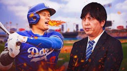 Shohei Ohtani with fire coming out his mouth. Ippei Mizuhara with animated tears