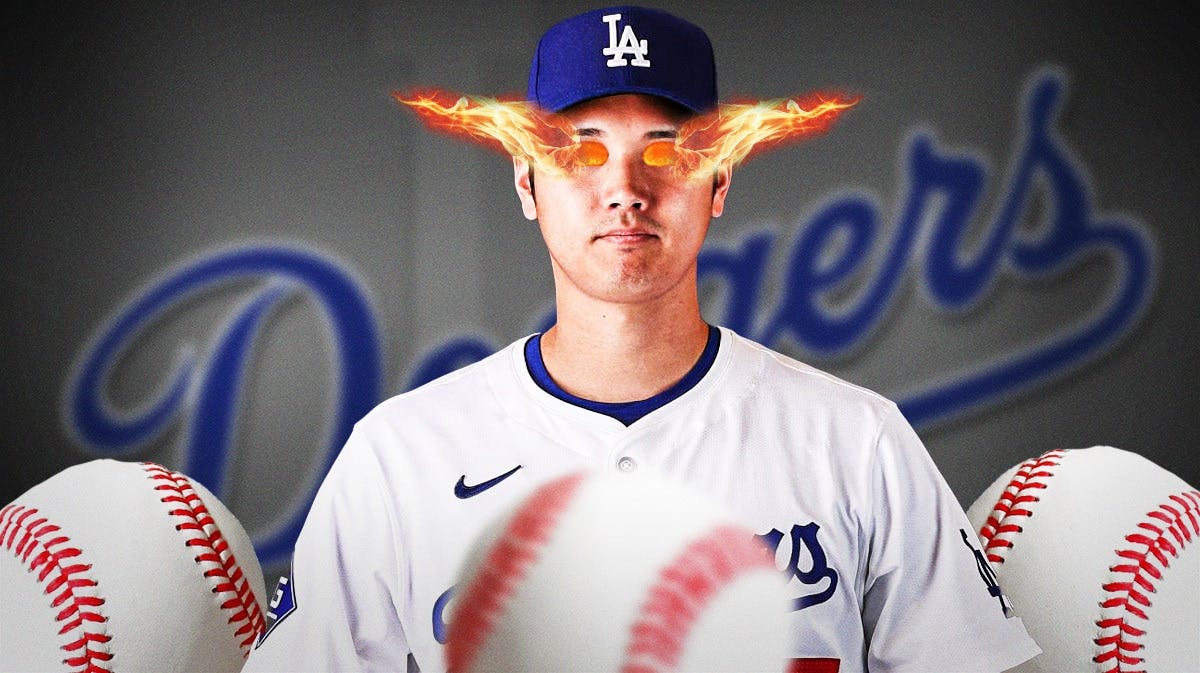 Shohei Ohtani (Dodgers uniform) in front with fire in his eyes. Dodgers' logo in background.