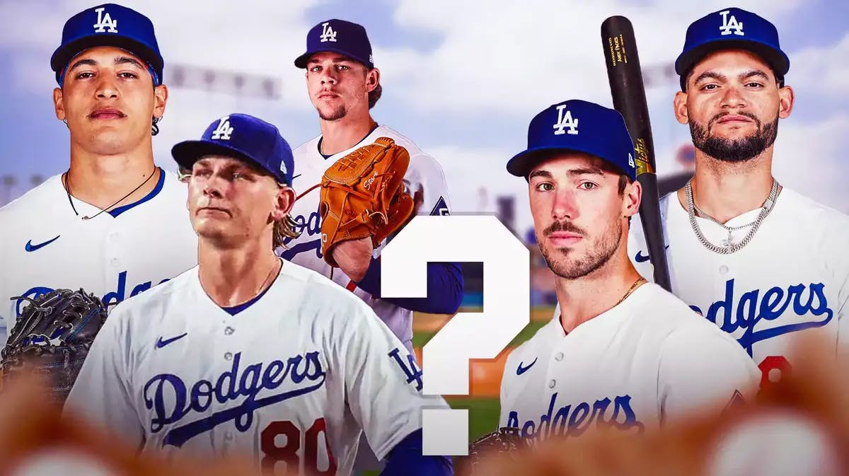 Question mark in middle. On left, Dodgers Emmet Sheehan, Dodgers Diego Cartaya, Dodgers Gavin Stone. On right, Dodgers Michael Grove, Dodgers Andy Pages.