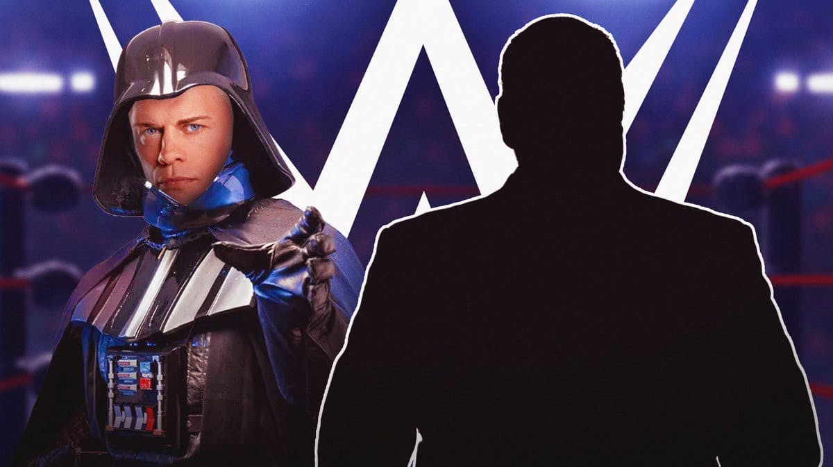 Cody Rhodes head on Darth Vader’s body next to the blacked-out silhouette of Paul Heyman with the WWE logo as the background.