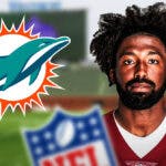 Commanders' Kendall Fuller stands in front of Dolphins logo after NFL free agency move, Xavien Howard stands in background