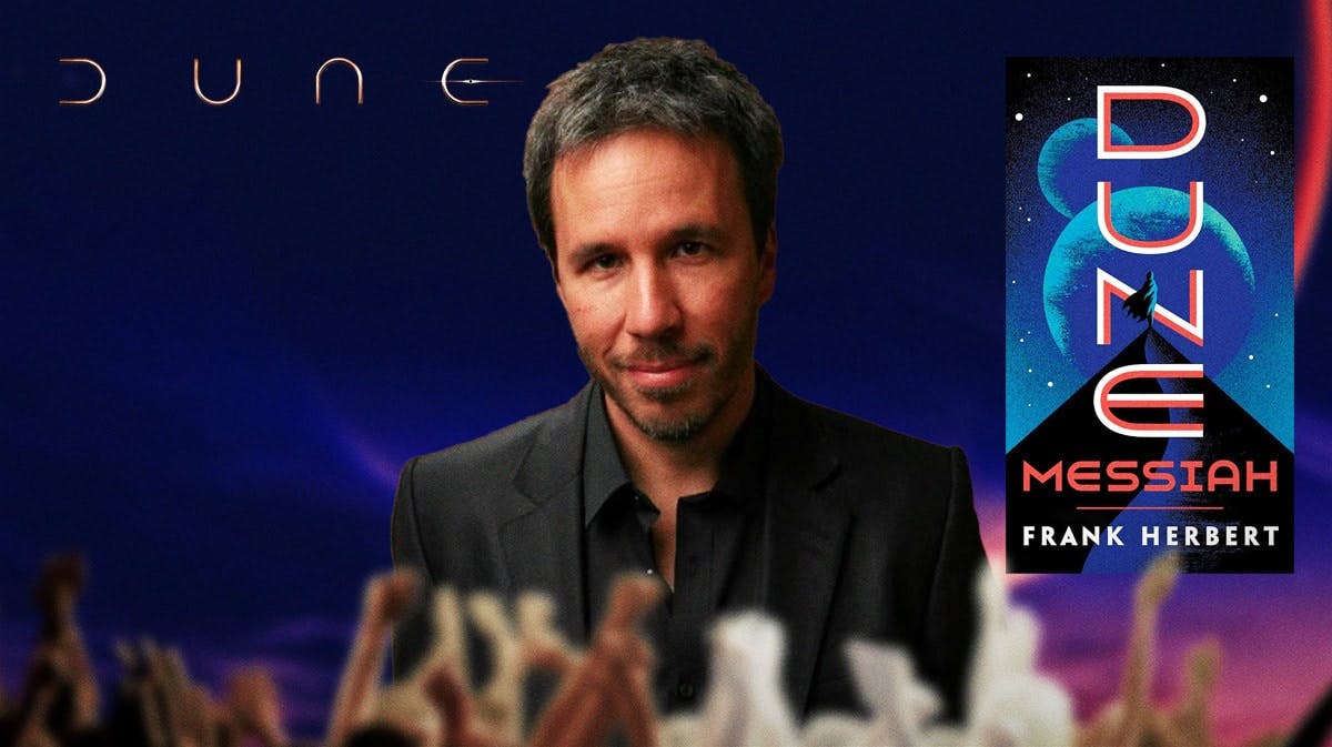 Dune 2 director Denis Villeneuve with logo and Messiah book cover.