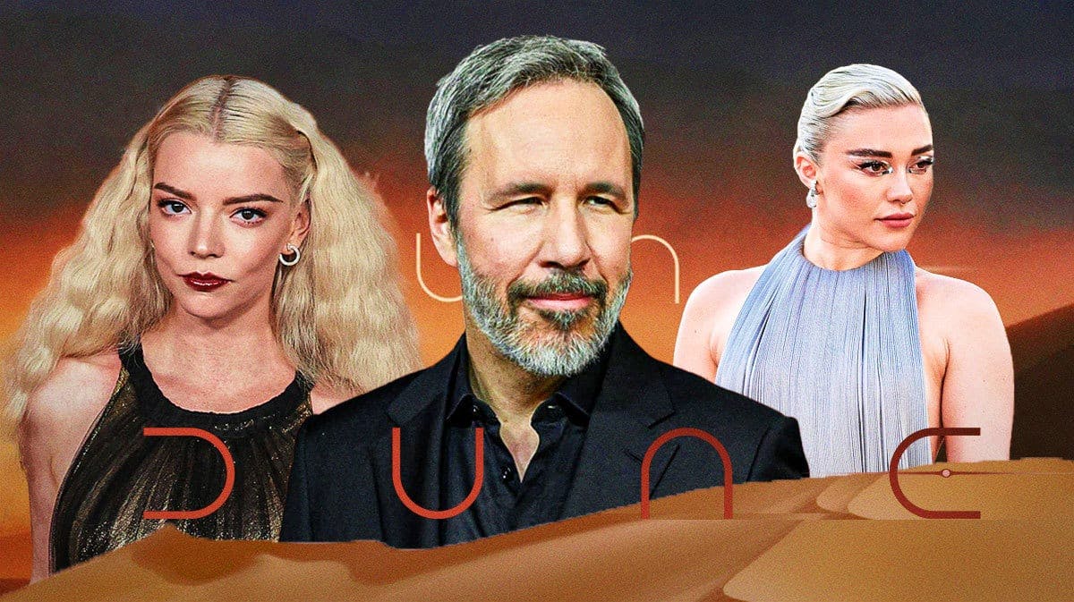 Dune logo and sand background with Anya Taylor-Joy, Denis Villeneuve, and Florence Pugh.