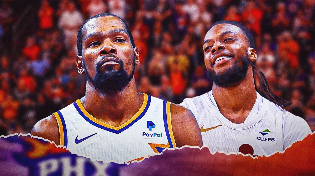 Phoenix Suns' Kevin Durant next to Cavs' Darius Garland