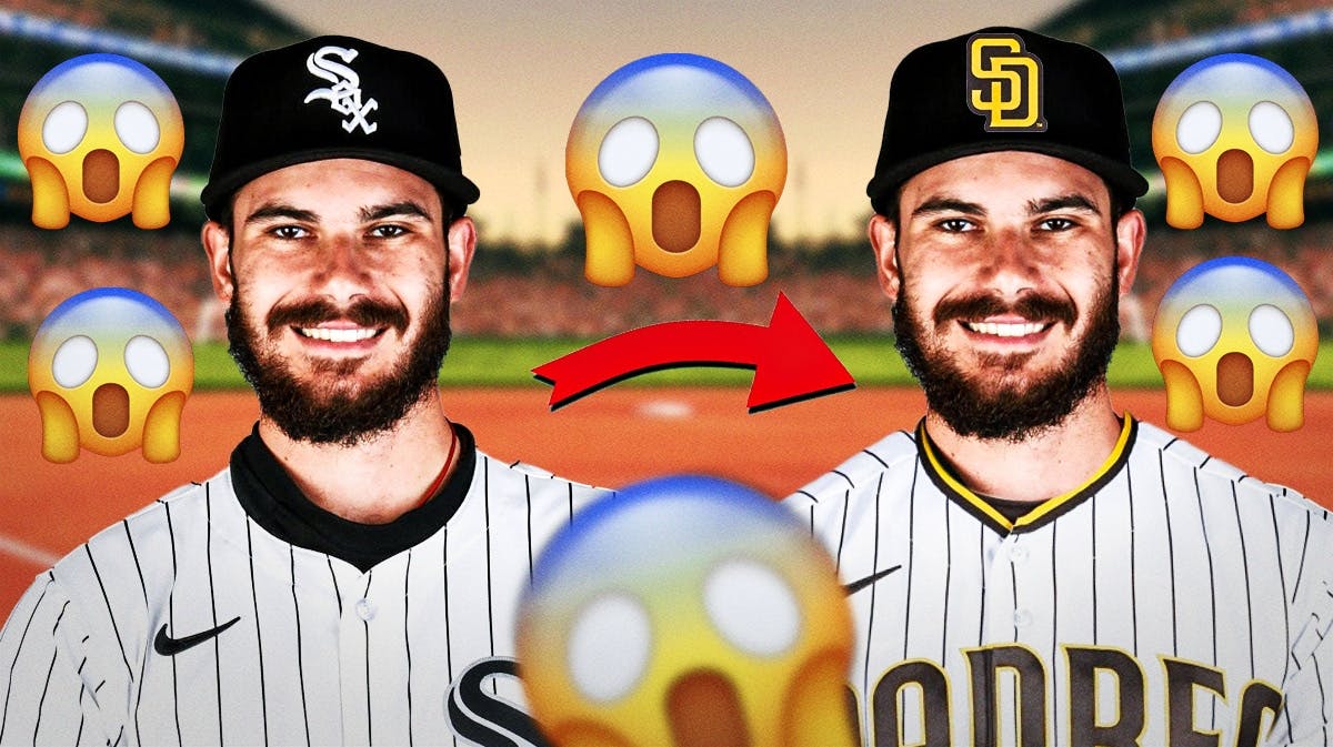 Dylan Cease in a Chicago White Sox uniform on one side with an arrow pointing to Dylan Cease on the other side in a San Diego Padres uniform, a bunch of shocked emojis in the background