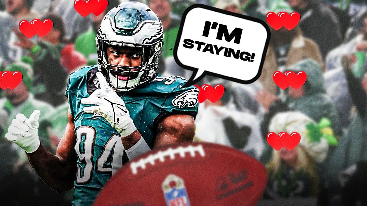 Josh Sweat on one side with a speech bubble that says “I’m staying!” a bunch of Philadelphia Eagles fans on the other side with hearts in their eyes
