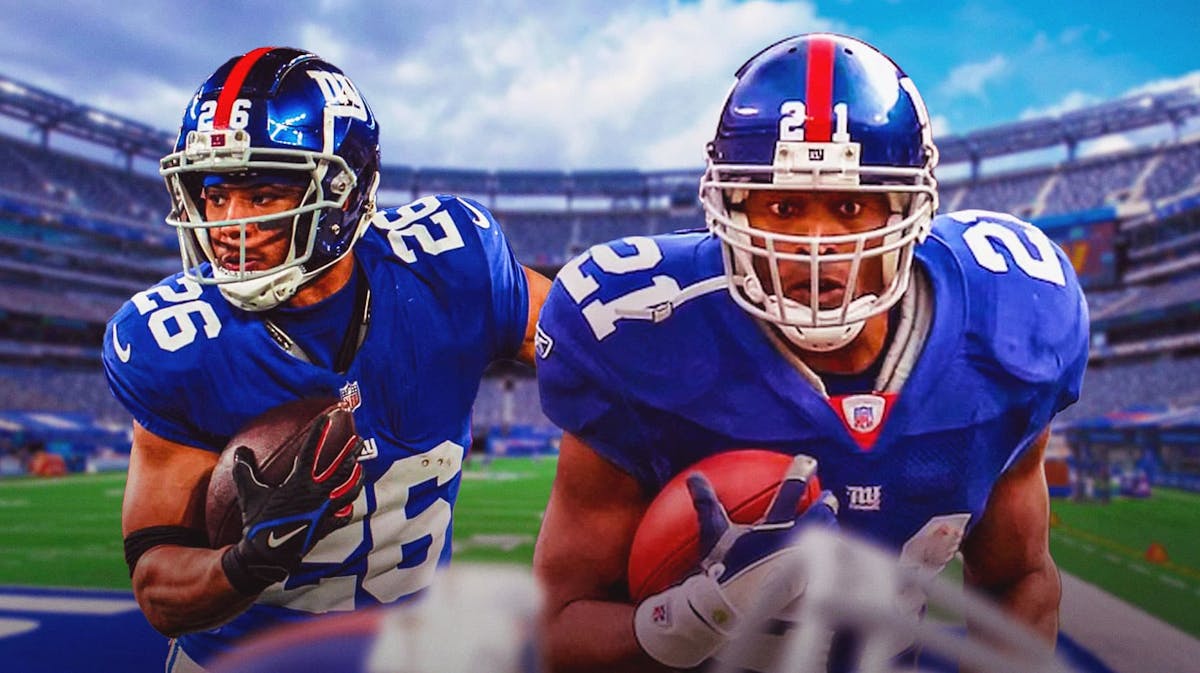 Eagles, Giants, Saquon Barkley, Tiki Barber, Saquon Barkley Tiki Barber, Tiki Barber and Saquon Barkley with Giants stadium in the background