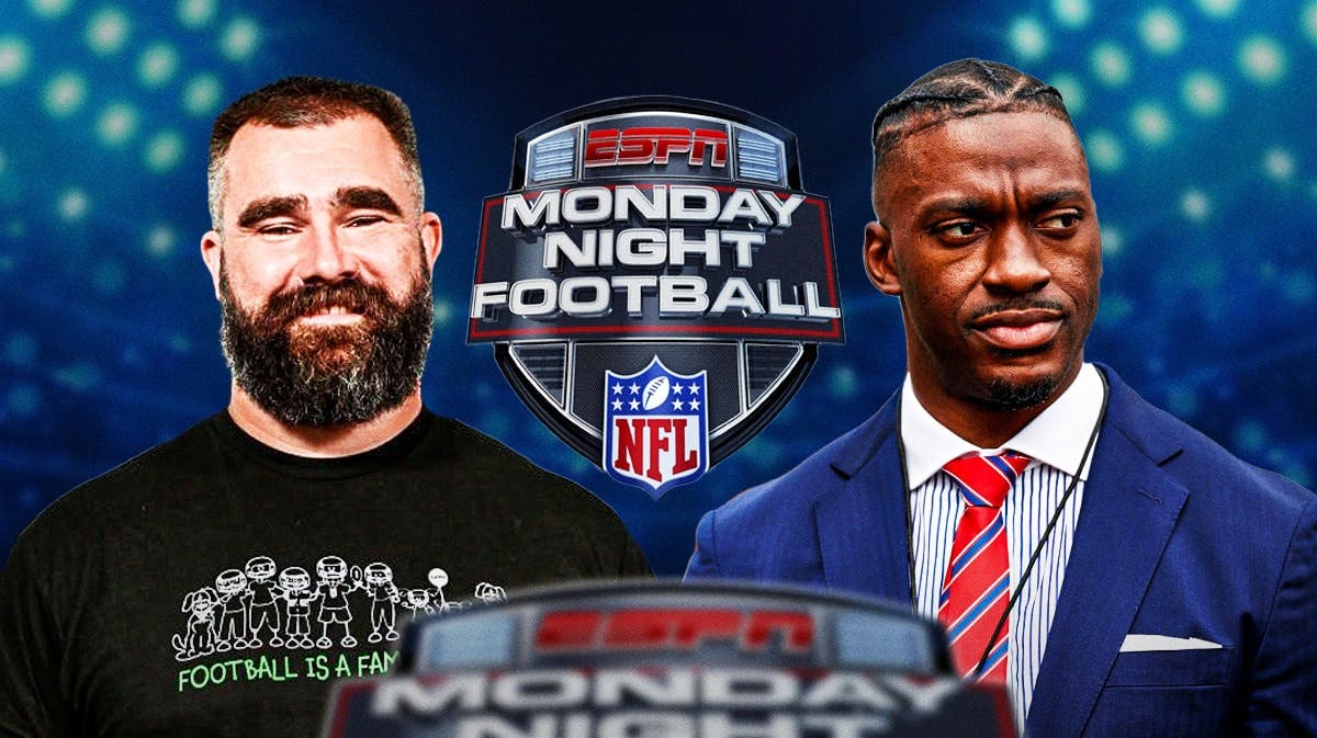 Jason Kelce and Robert Griffin III next to the ESPN Monday Night Football logo