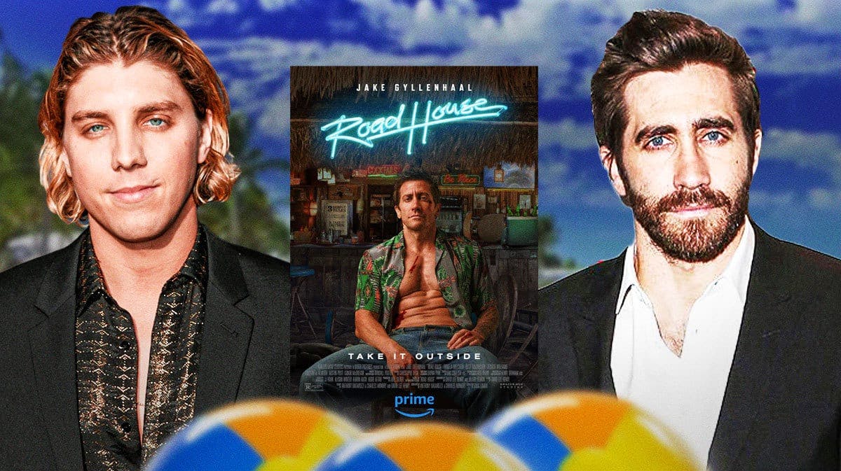 Lukas Gage and Jake Gyllenhaal with Road House poster and Florida Keys background.