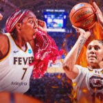 Aliyah Boston (Fever) looking hyped, Kamilla Cardoso (South Carolina) action shot with fire on her