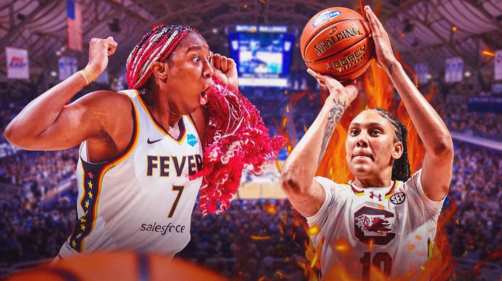 Aliyah Boston (Fever) looking hyped, Kamilla Cardoso (South Carolina) action shot with fire on her