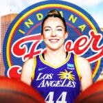 WNBA player Katie Lou Samuelson with the city of Indianapolis, Indiana in the background