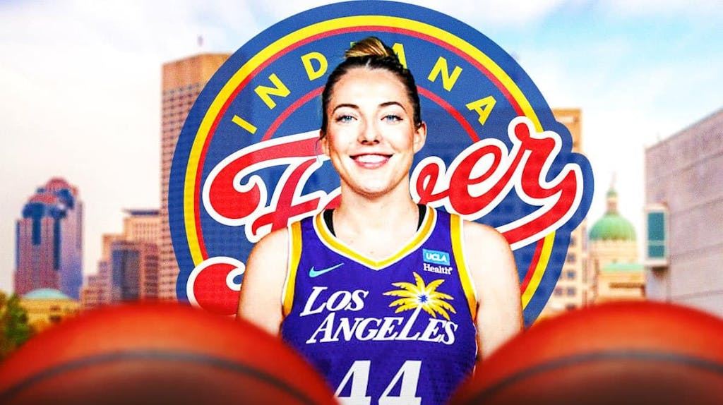WNBA player Katie Lou Samuelson with the city of Indianapolis, Indiana in the background