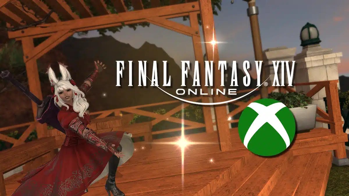 ff14 xbox, ff14 xbox release, ff14, ff14 xbox release date, an ingame screenshot of a vierra showing off the ff14 logo with an xbox logo under it.