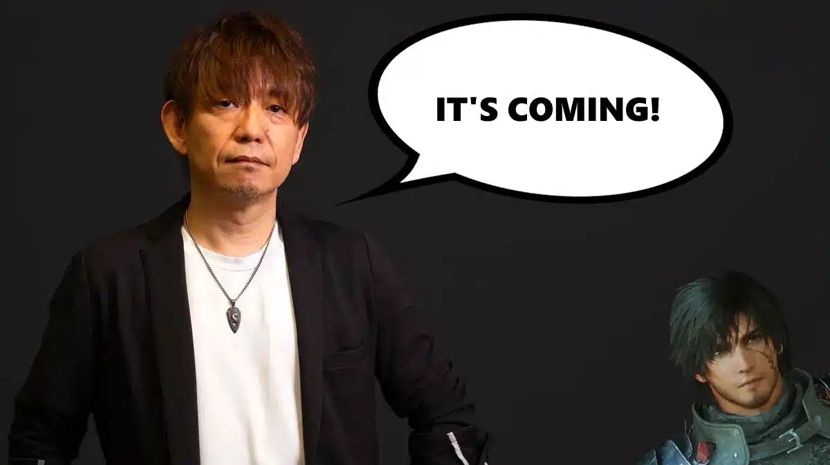 FF16 PC version, f16 pc, ff16 pc release, ff16, ff16 pc release date, an image of naoki yoshida with a speech bubble that says its coming and an image of clive rosfield in a corner of the thumbnail