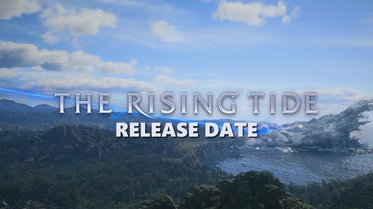 ff16 rising tide, ff16 rising tide release date, ff16 dlc, ff16 leviathan, ff16, key art for the rising tide dlc for ff16 with the words release date under the dlc title