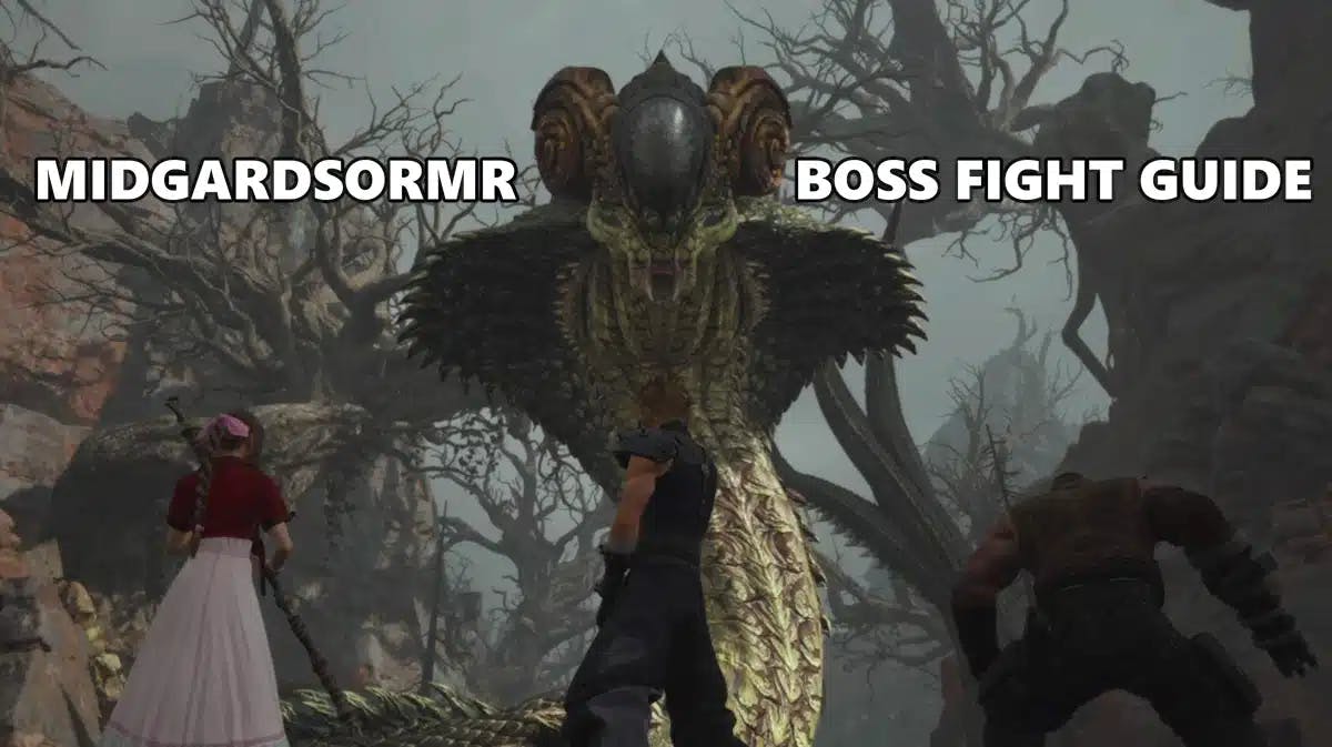 ff7 midgardsomr, midgardsormr ff7 rebirth, rebirth midgardsomr, midgardsormr guide, ff7 rebirth, an image of midgardsormr in-game with cloud aerith and barret in the foreground and the words midgardsormr boss fight guide on it
