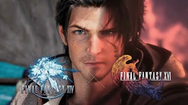 fxiv ffxvi collab, ffxiv collab, ffxvi collab, ffxvi, ffxiv, an image combining the warrior of light and clive rossfield with the ffxiv and ffxvi logos under their respective main characters