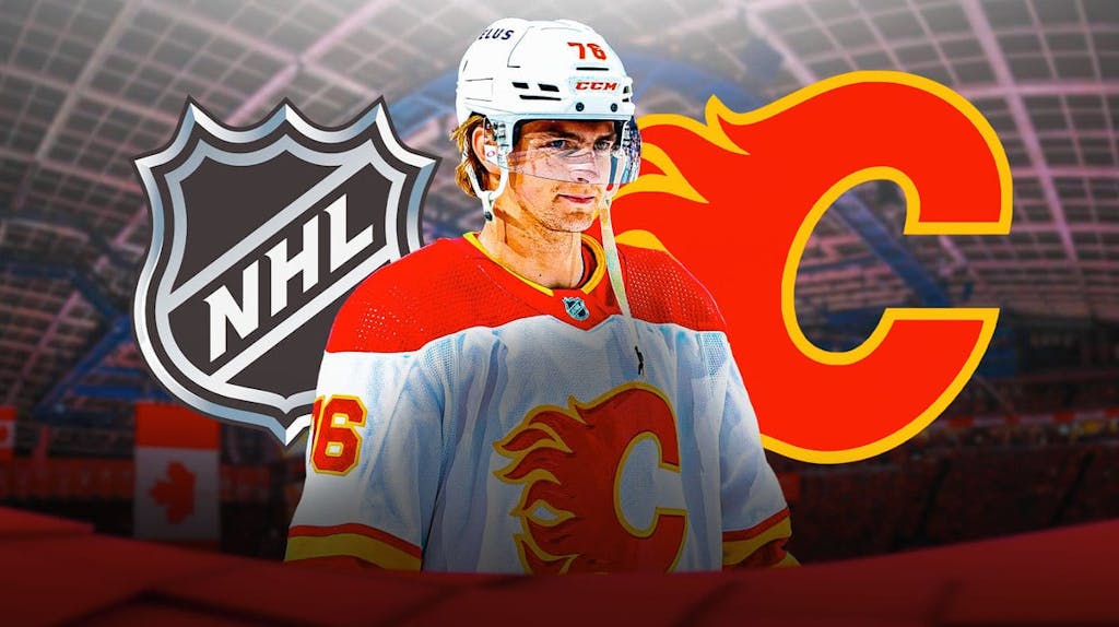 Calgary Flames logo, Martin Pospisil looing serious, NHL logo