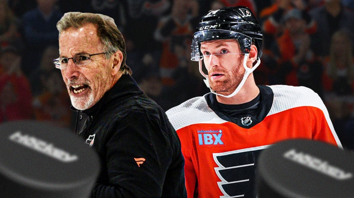 John Tortorella yelling in a Flyers shirt. Flyers' Sean Couturier looking frustrated