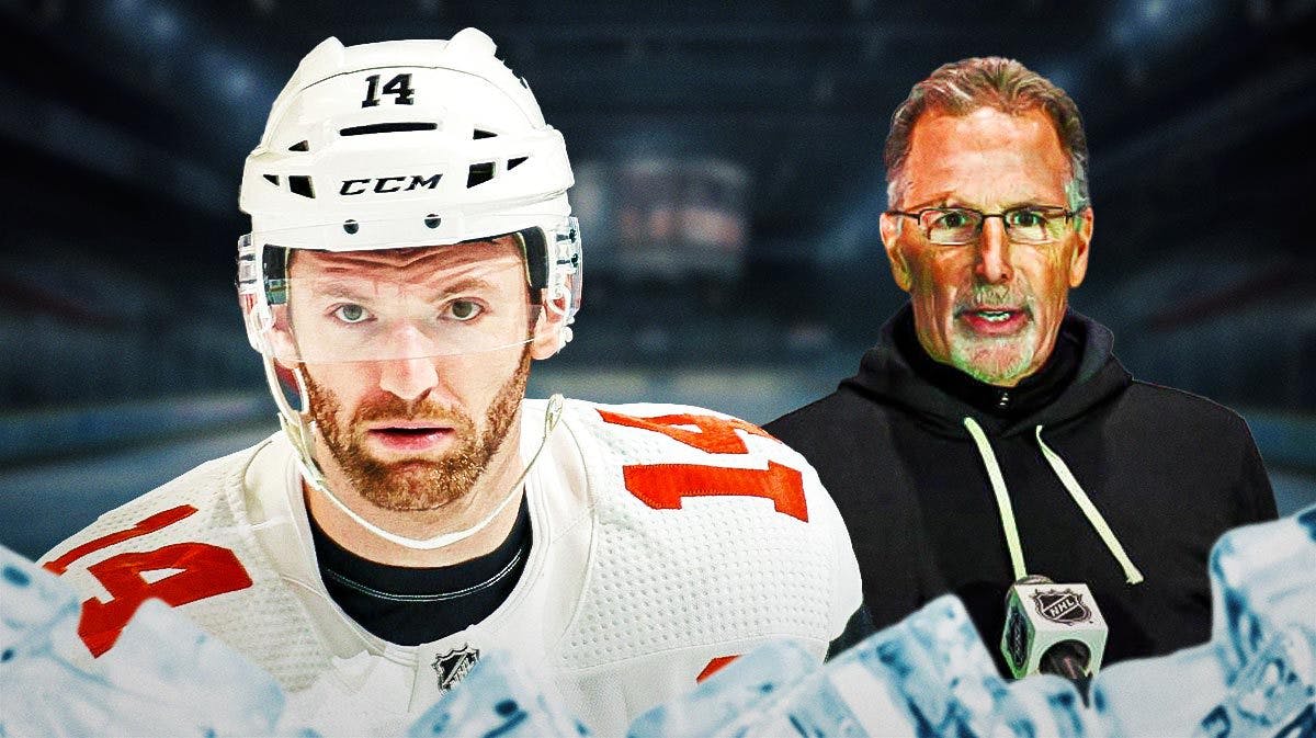 Sean Couturier and John Tortorella both in image looking stern, PHI Flyers logo, hockey rink in background