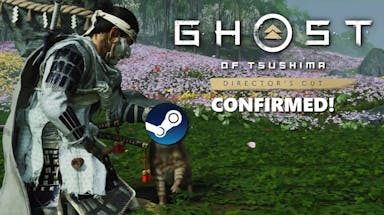 ghost tsushima pc release, ghost tsushima pc, ghost tsushima, ghost tsushima pc preorder, ghost tsushima directors cut, an ingame screenshot of jin sakai petting a cat with the steam logo on its head with the ghost of tsushima directors cut logo on the upper right and the word confirmed under it