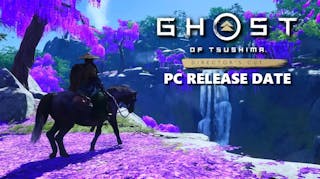 ghost tsushima pc, ghost tsushima release date, ghost tsushima gameplay, ghost tsushima story, ghost tsushima trailers, a screenshot of ghost of tsushima with the game logo in one corner and the words pc release date under it