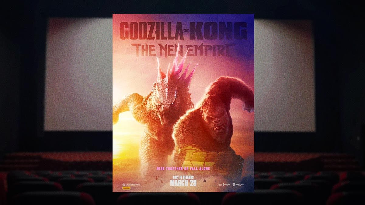 Godzilla x Kong: The New Empire poster with movie theater background.