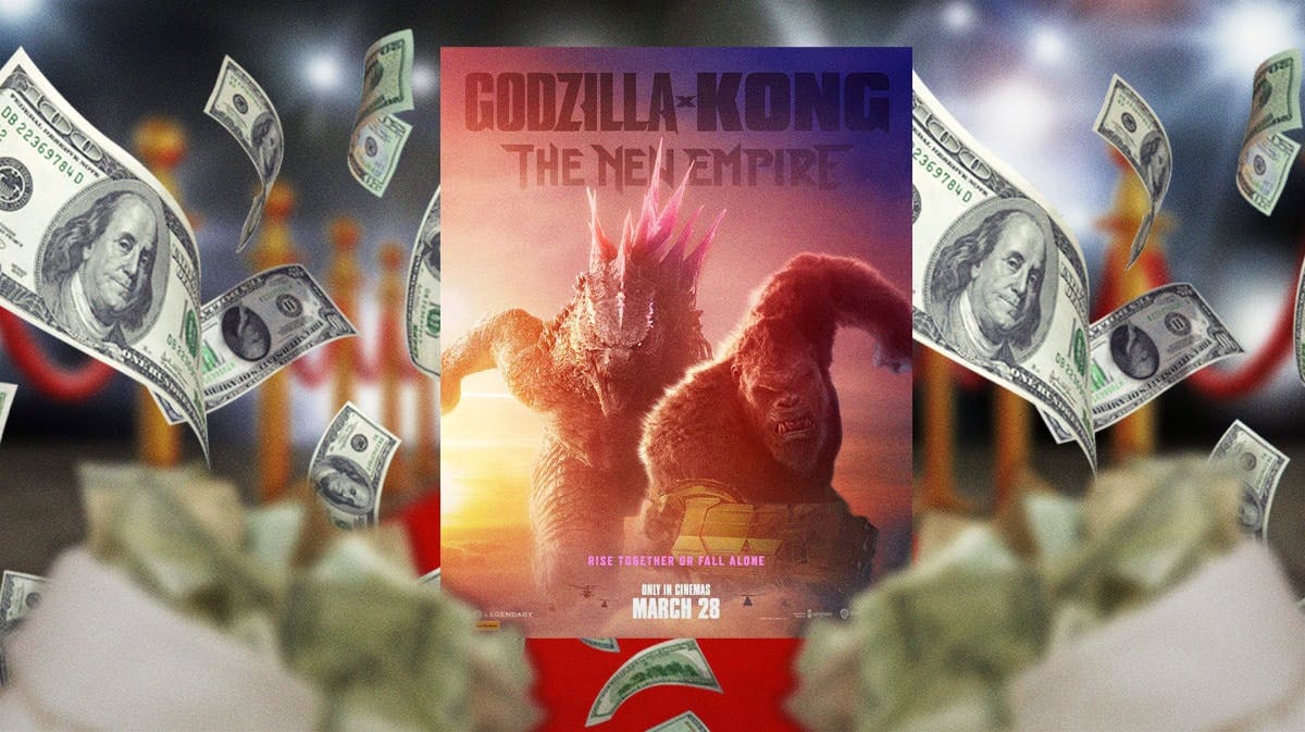 Godzilla x Kong: The New Empire poster with money on thumbnail and movie theater background.