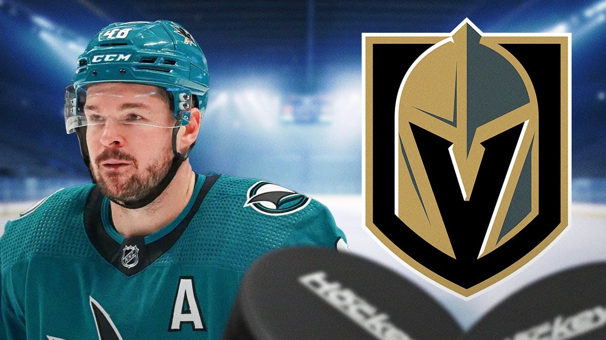 Tomas Hertl in image, Vegas Golden Knights logo, hockey rink