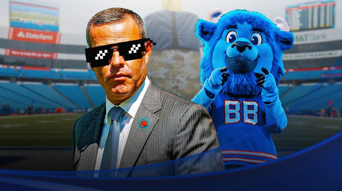 Brandon Beane (Bills general manager) with deal with it shades, Buffalo Bills mascot in the background